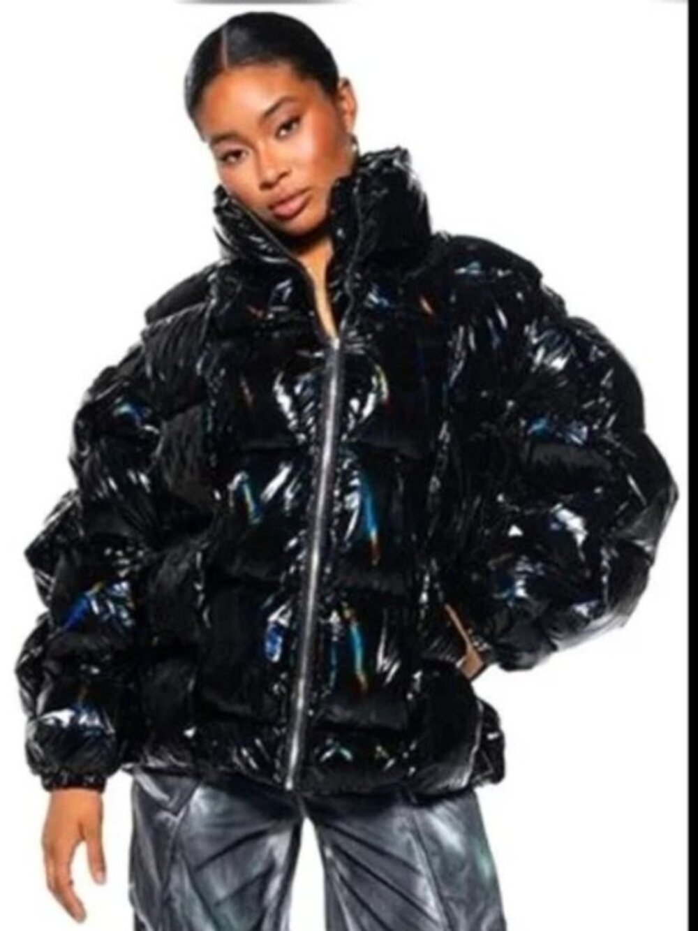 💥HOT ITEM💥Saks Fifth Avenue Black Glossy Patent Leather Quilted Puffer Jacket